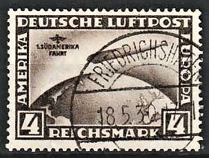 FRIMÆRKER TYSK RIGE: 1928-30 | AFA 439 | Zeppelin luftpost, Sydamerikafart - 4 mk. brun - Stemplet (Flot)